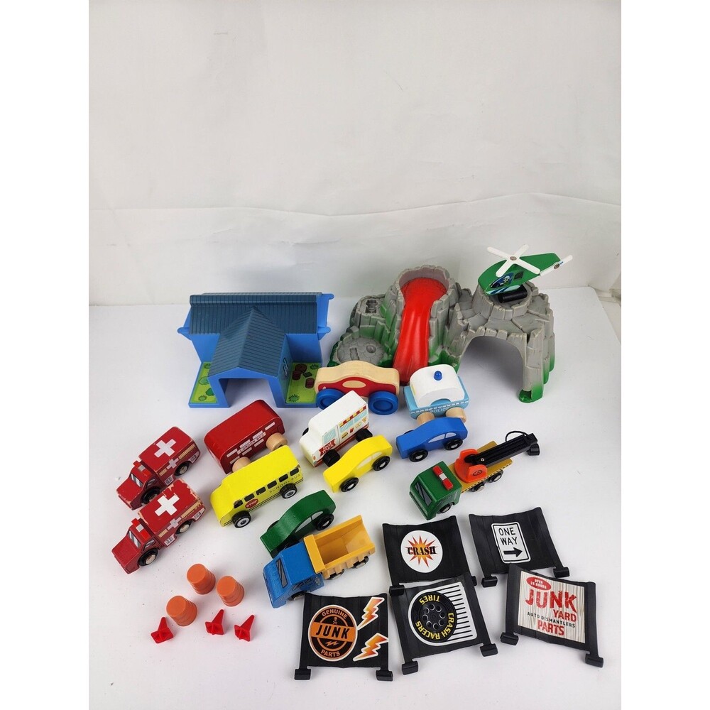 Lot of 13 Small Wooden Vehicles School Bus Police & Plastic Mountain and House